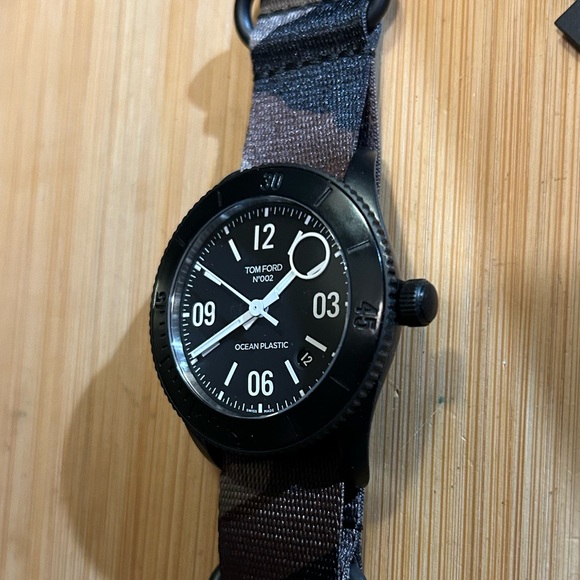 Tom Ford Ocean Plastics Automatic Watch With 43mm Black Face & Camouflage Band - Picture 4 of 9